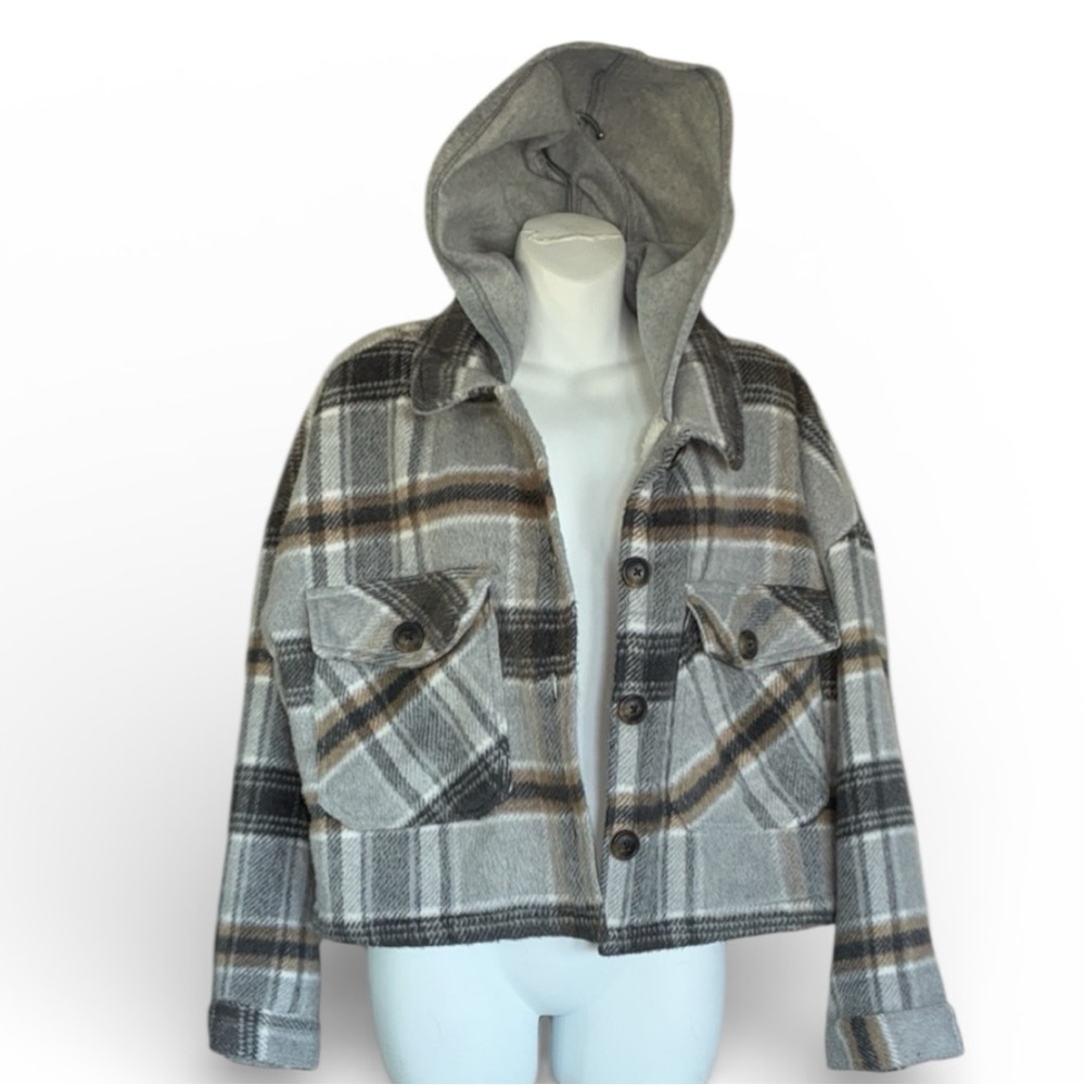 Ci Sono Plaid Flannel Hooded Jacket, women L, sherpa lining, pockets euc